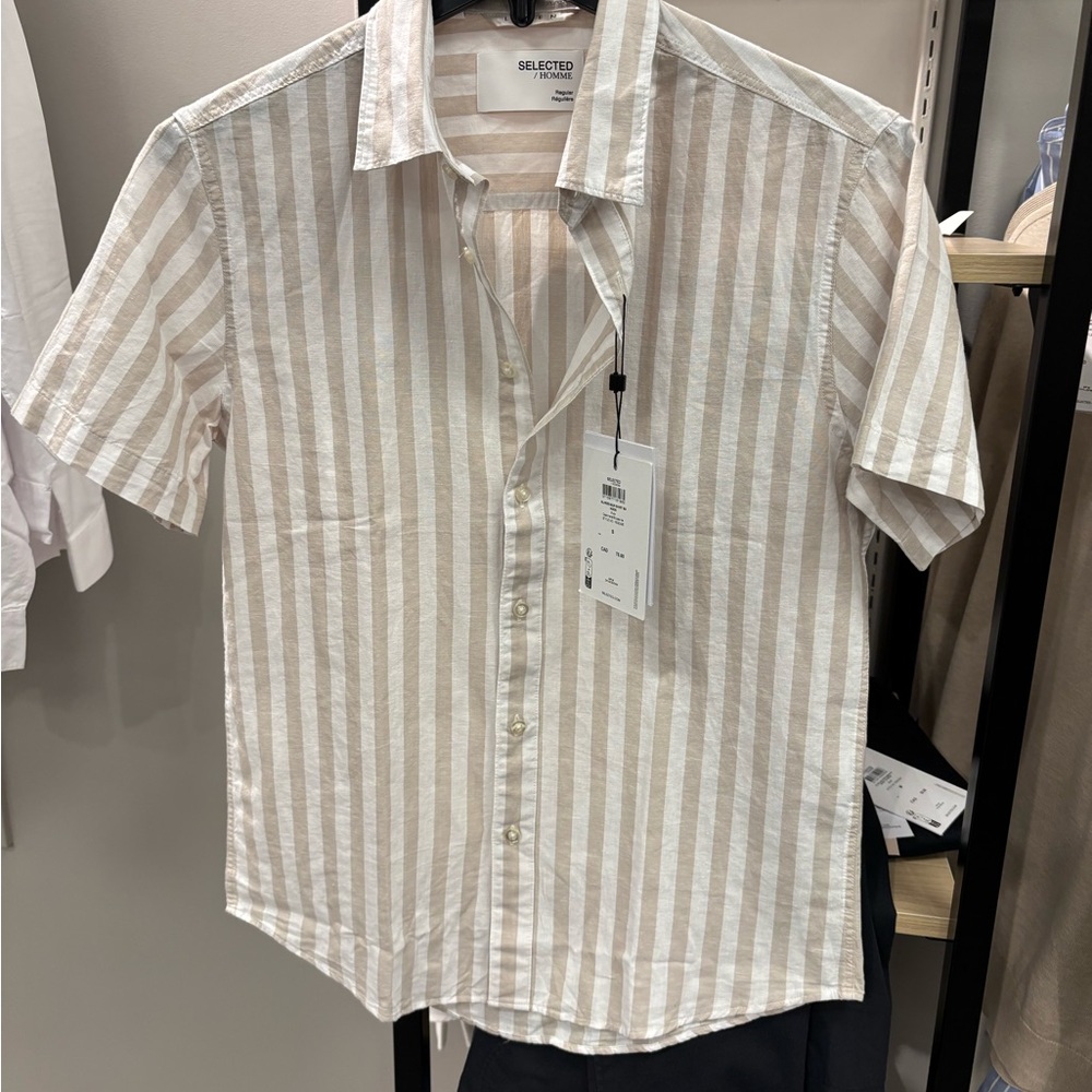Tan Casual Button Down Shirt with Stripes, mens small